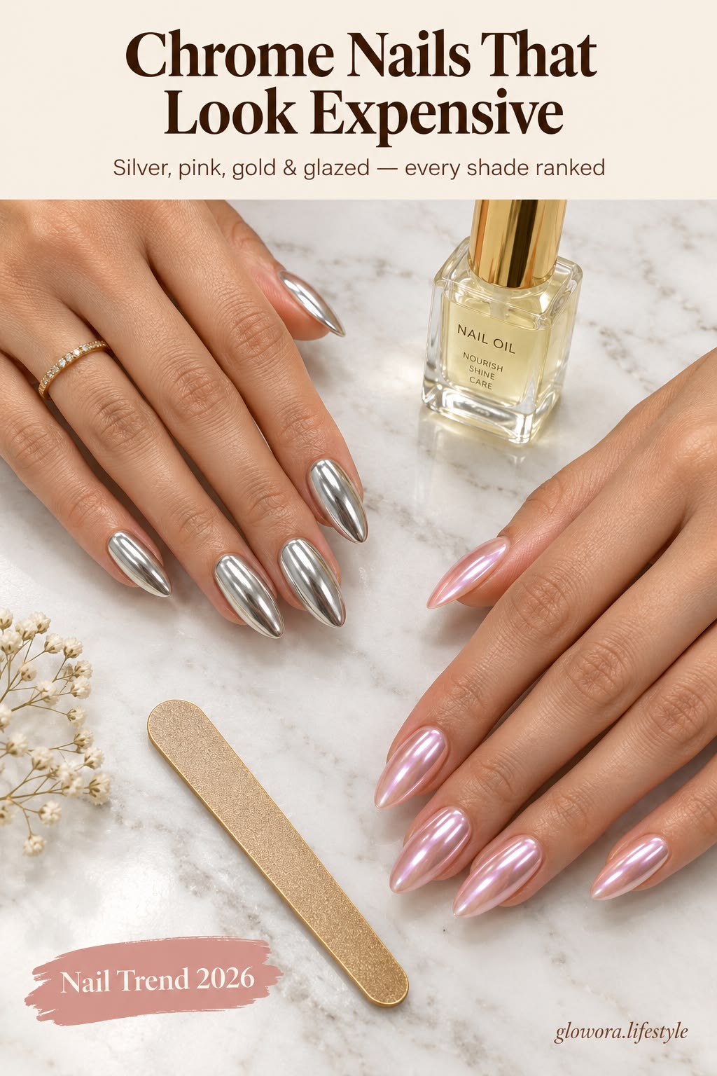 Chrome nails with silver metallic and pink pearl finishes beside nail oil