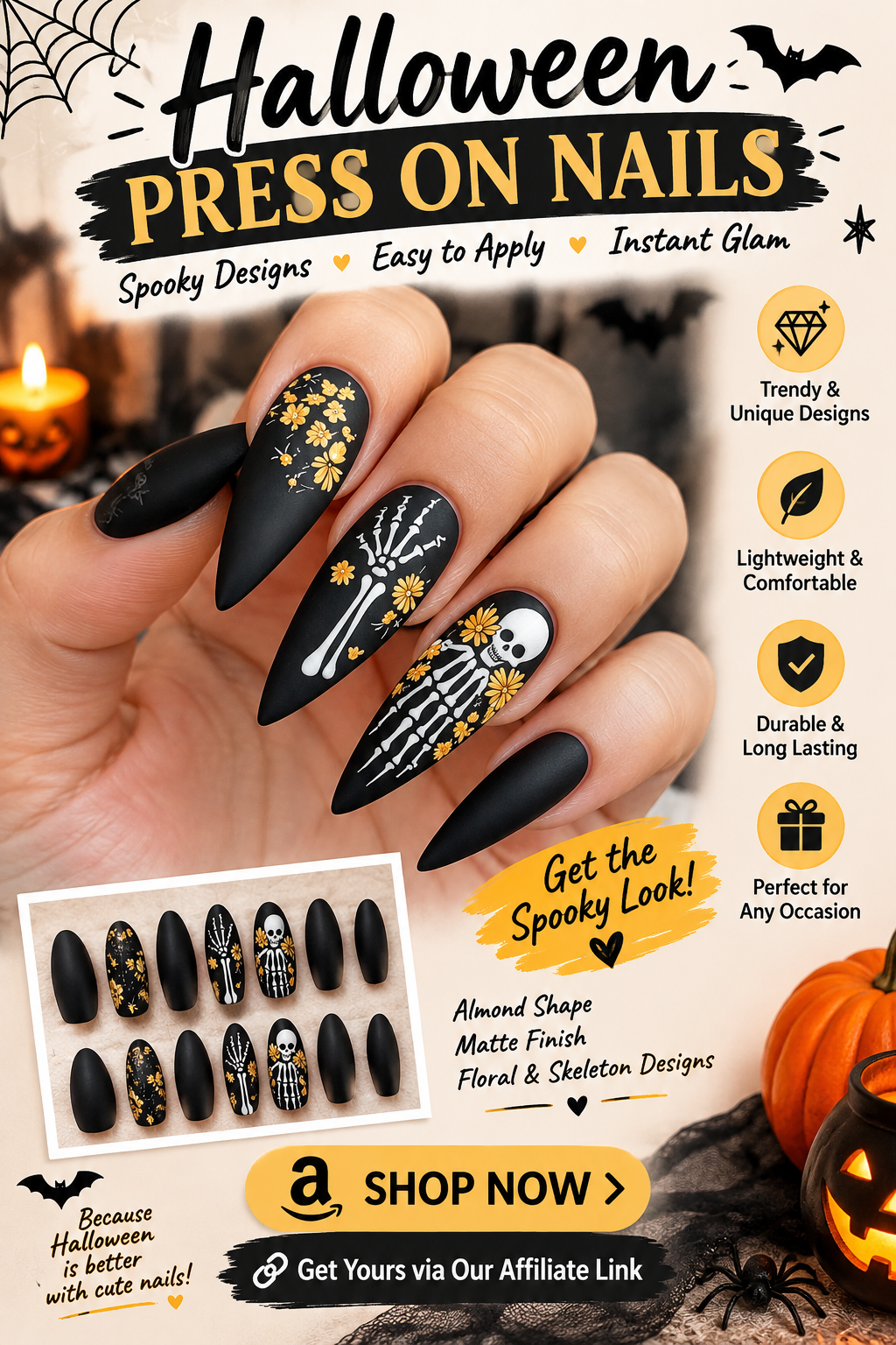 Black Halloween press-on nails with gold flowers and white skeleton designs