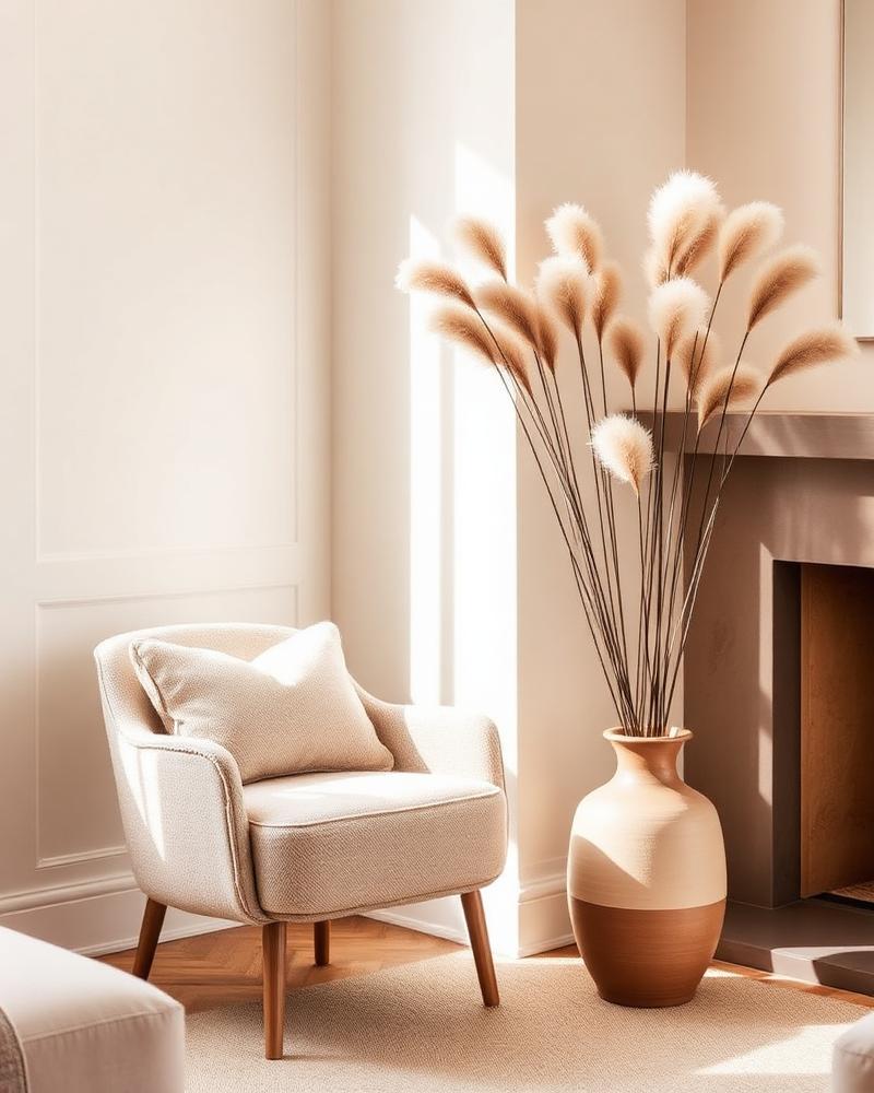 Neutral living room with boucle chair and pampas grass in a ceramic vase