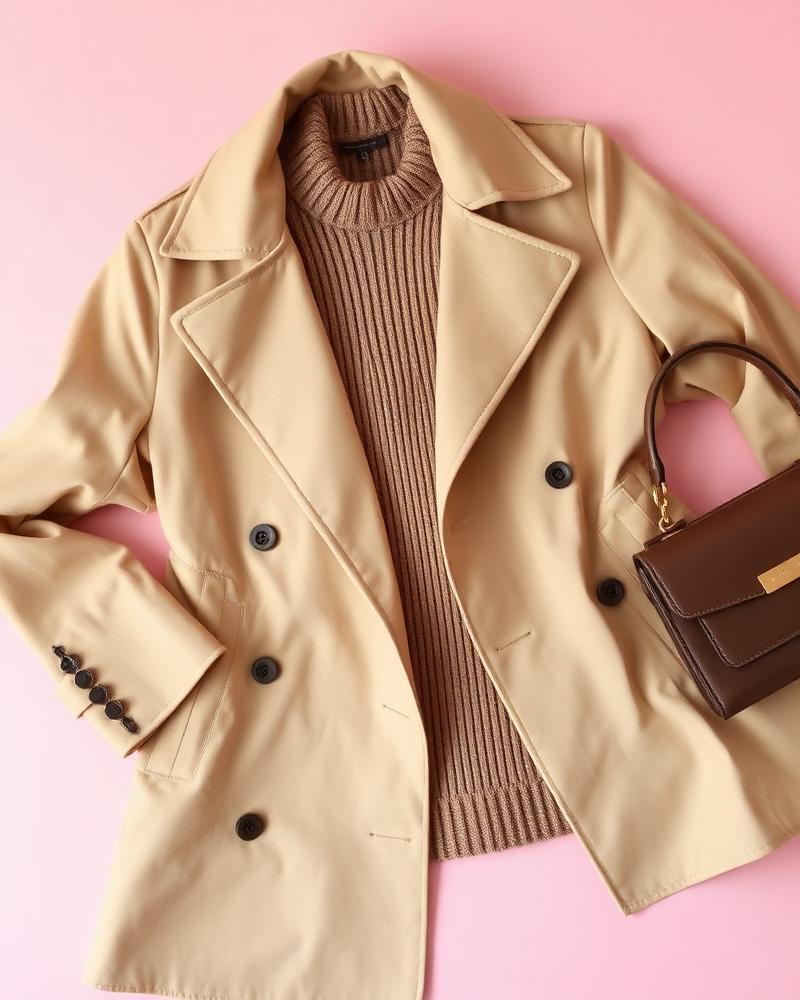 Beige trench coat, knit sweater and leather handbag flat lay on pink background
