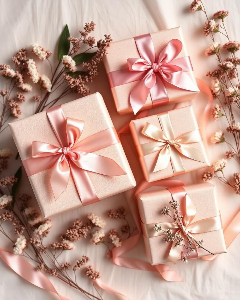 Blush pink wrapped gift boxes with silk ribbon and dried flowers