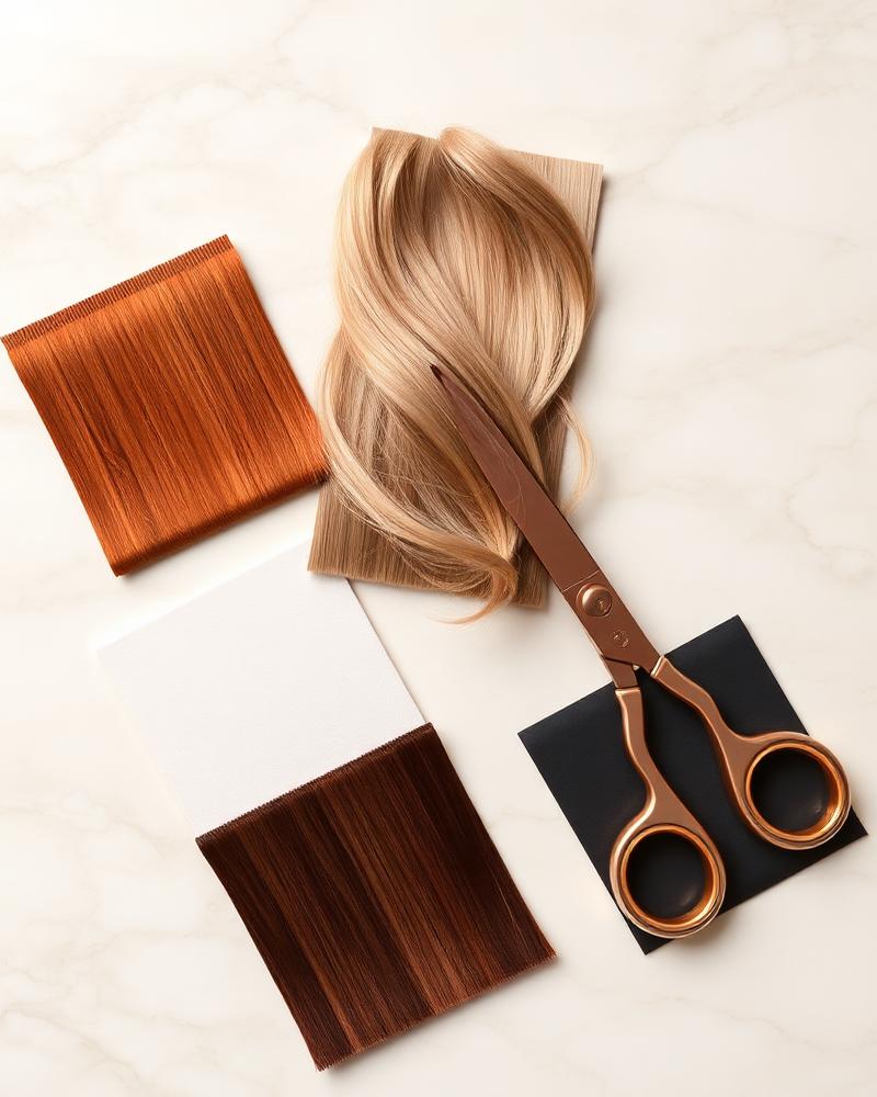 Copper, blonde and brunette hair swatches with rose gold scissors on marble