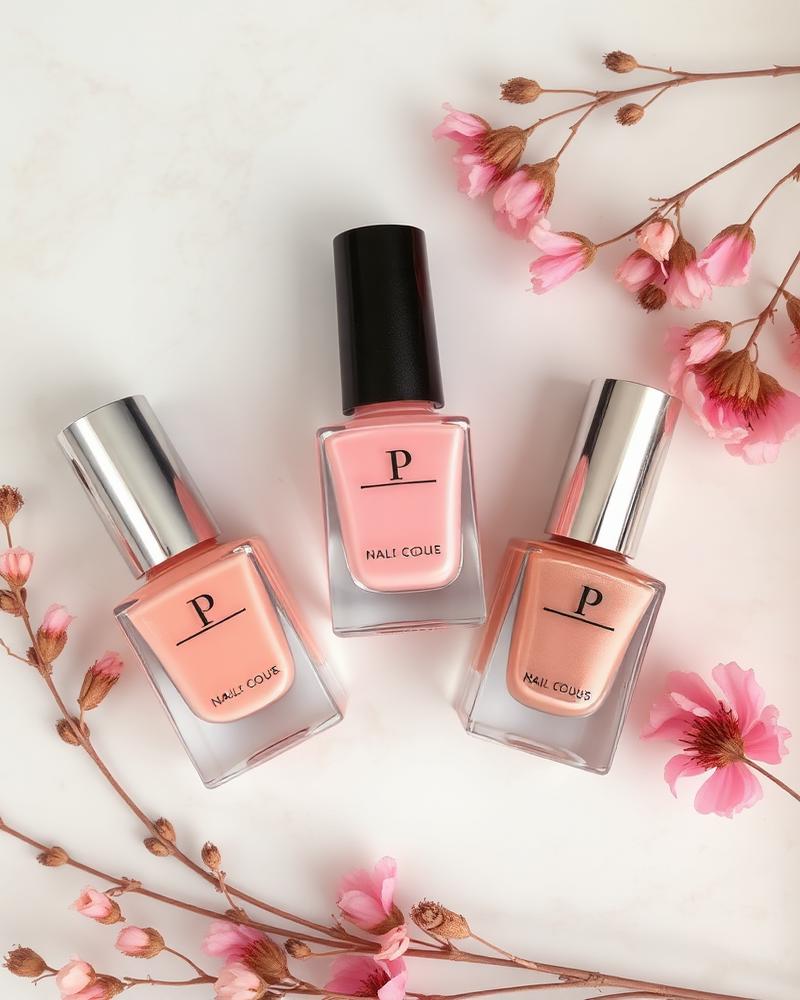 Pink and nude nail polish bottles on marble with dried flowers