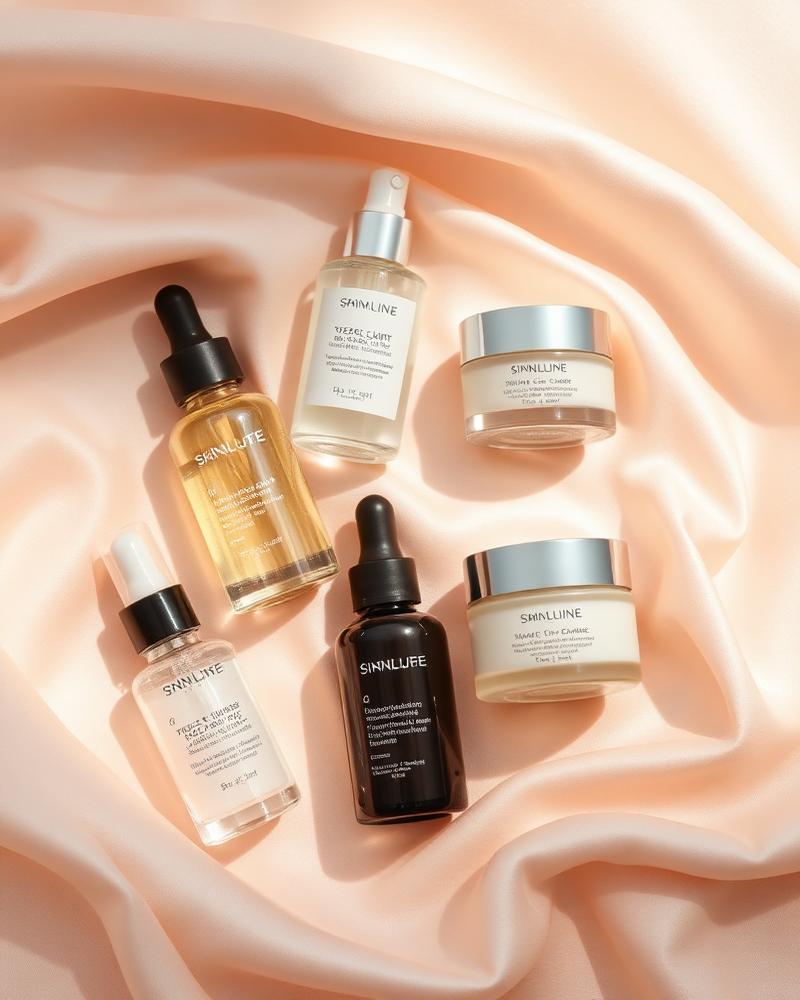 Luxury skincare serums and cream jars on blush silk fabric